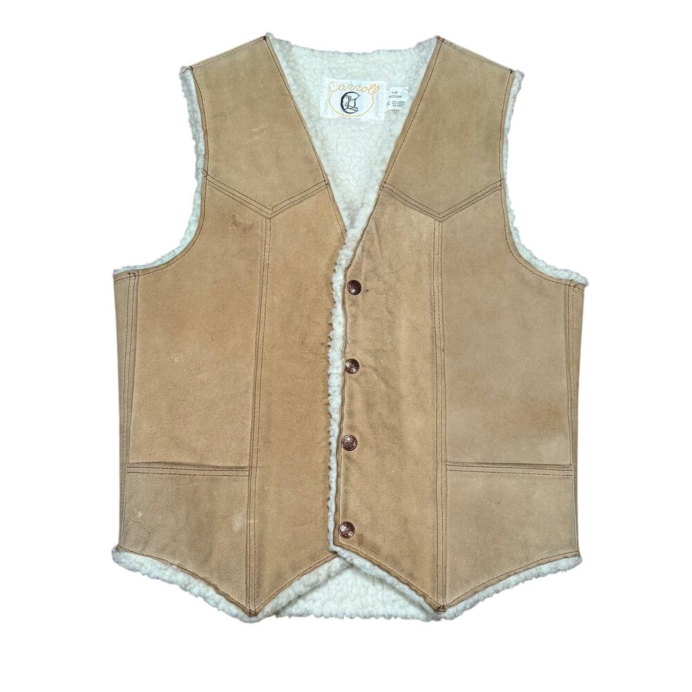 Vintage 70s Carroll USA Suede Leather Sherpa Vest Western Ranchwear Medium